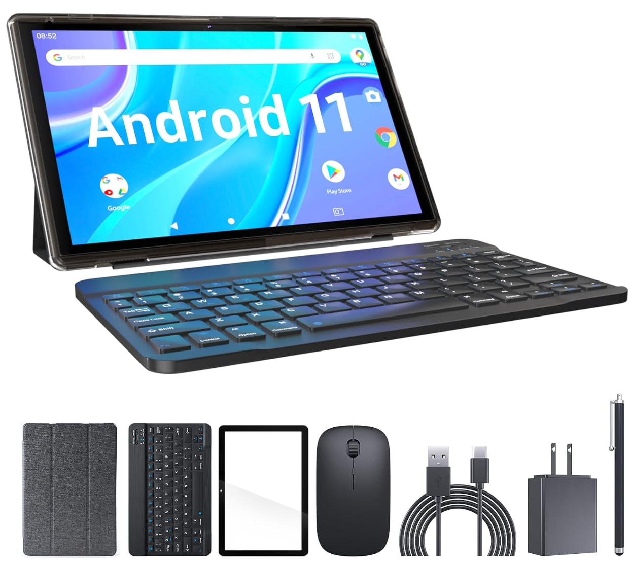 10.1 Inch Android 11 Tablet with Keyboard, Mouse, Case, Stylus