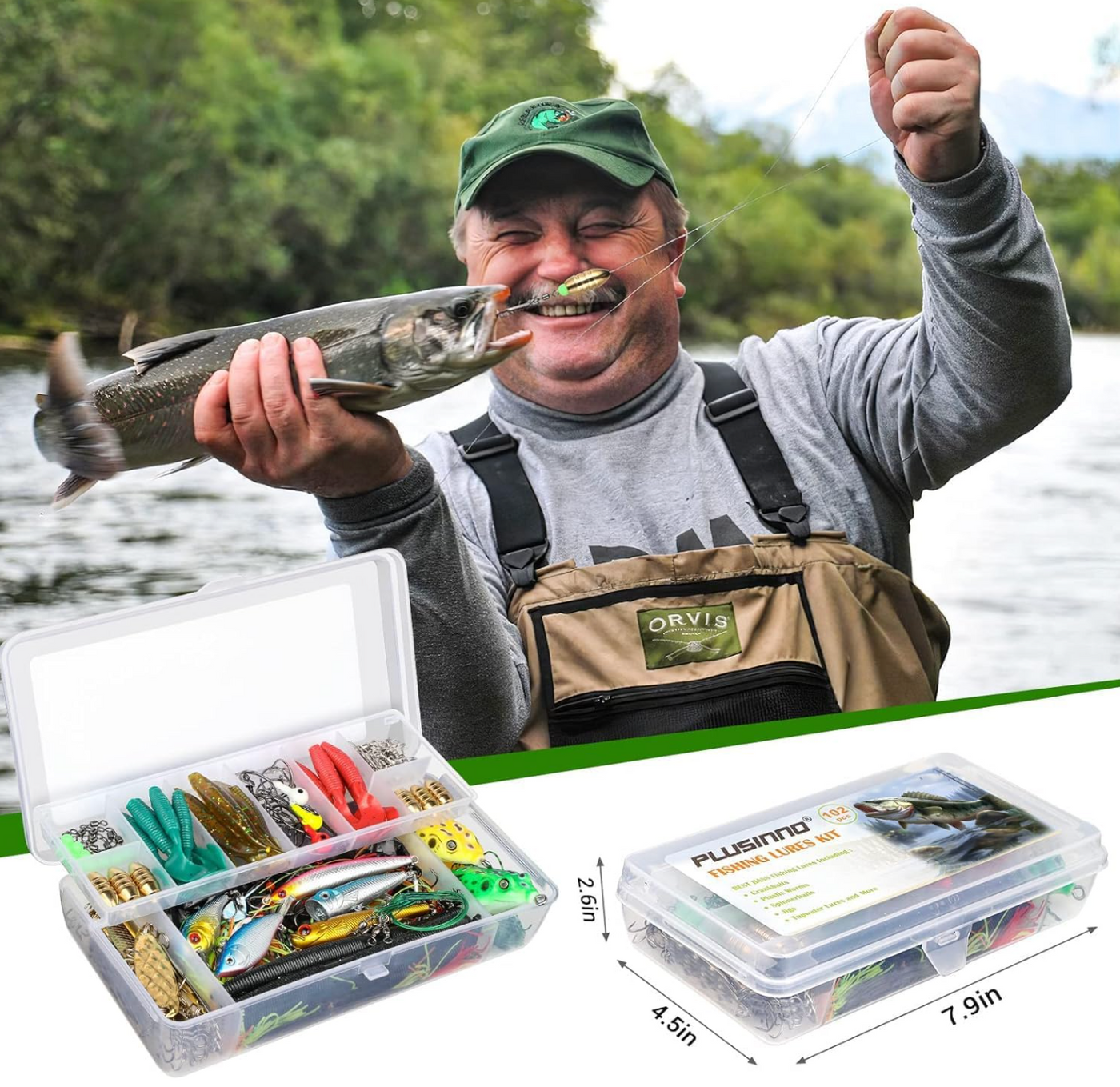 Fishing Lures and Gear Tackle Box, 102 pieces